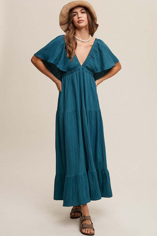 Emerald Green V-neck Ruffle Sleeve Flowy Vacation Maxi Dress, Listicle, A Moment Of Now