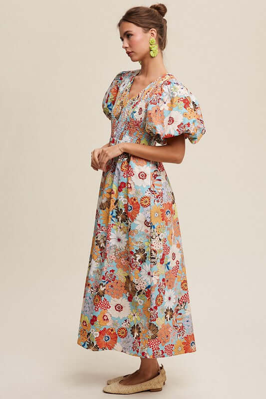 Aqua Flower Print Smocked V-neck Puff Sleeve Maxi Dress, Listicle, A Moment Of Now