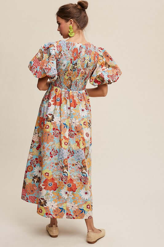 Aqua Flower Print Smocked V-neck Puff Sleeve Maxi Dress, Listicle, A Moment Of Now