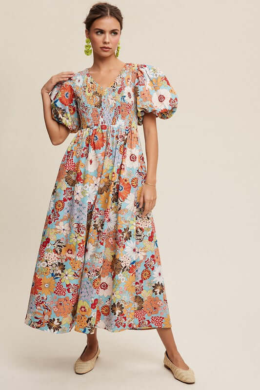 Aqua Flower Print Smocked V-neck Puff Sleeve Maxi Dress, Listicle, A Moment Of Now