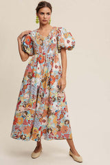 Aqua Flower Print Smocked V-neck Puff Sleeve Maxi Dress, Listicle, A Moment Of Now