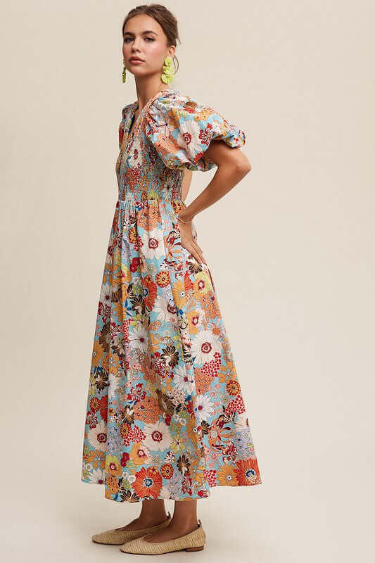 Aqua Flower Print Smocked V-neck Puff Sleeve Maxi Dress, Listicle, A Moment Of Now