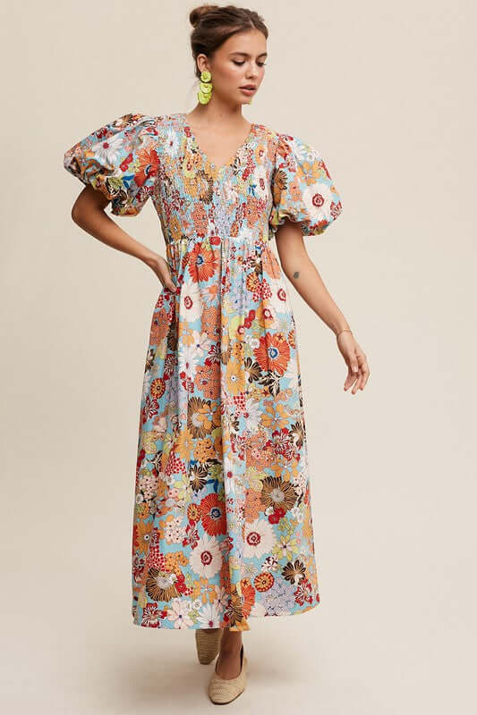 Aqua Flower Print Smocked V-neck Puff Sleeve Maxi Dress, Listicle, A Moment Of Now