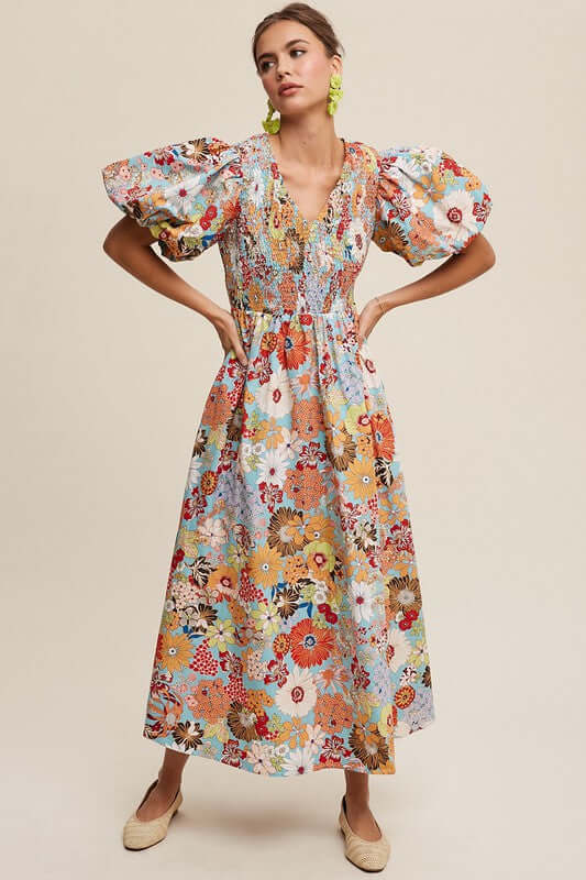 Aqua Flower Print Smocked V-neck Puff Sleeve Maxi Dress, Listicle, A Moment Of Now