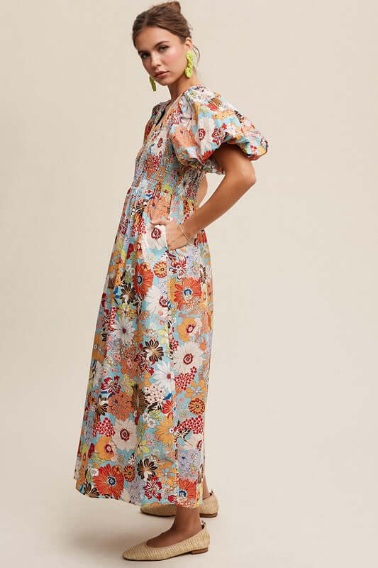 Aqua Flower Print Smocked V-neck Puff Sleeve Maxi Dress, Listicle, A Moment Of Now