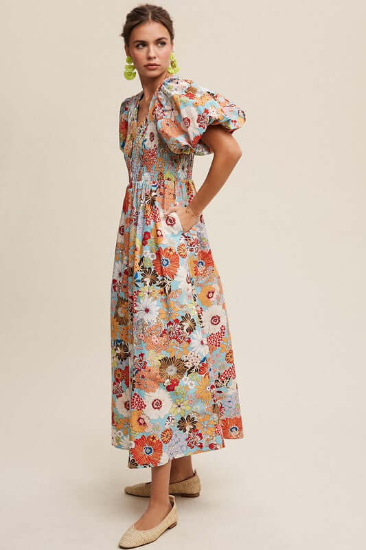 Aqua Flower Print Smocked V-neck Puff Sleeve Maxi Dress, Listicle, A Moment Of Now