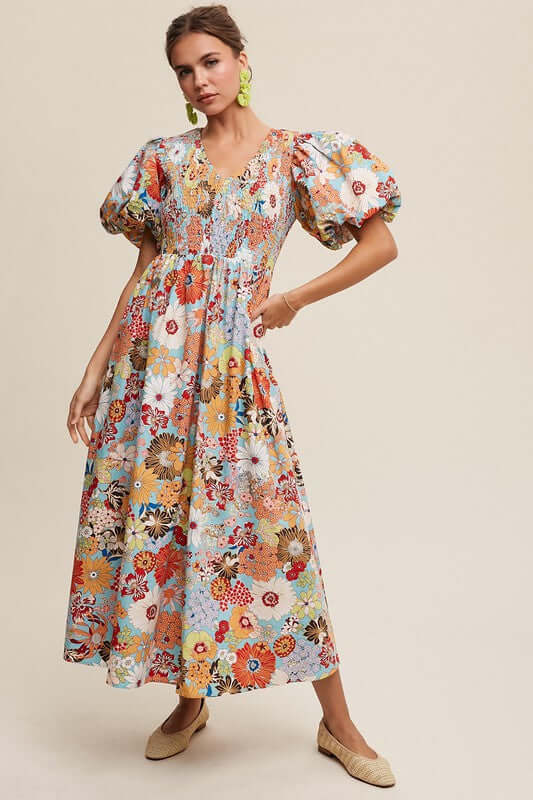 Aqua Flower Print Smocked V-neck Puff Sleeve Maxi Dress, Listicle, A Moment Of Now