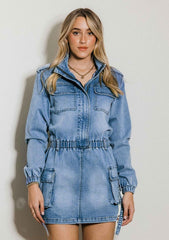 Shop Women's Long Sleeve Denim Romper Skirt | USA Clothing Boutique Online, Rompers, USA Boutique