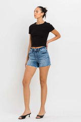 Stay Ready Middle Washed Blue High Rise Raw Hem Denim Shorts, VERVET by Flying Monkey, $ 65.95