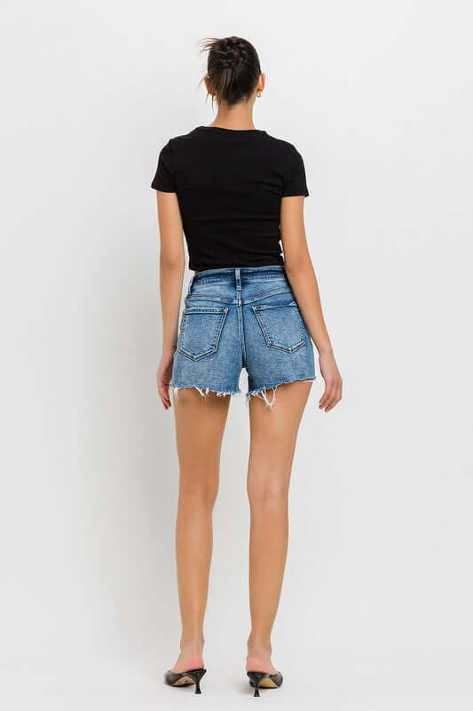 Stay Ready Middle Washed Blue High Rise Raw Hem Denim Shorts, VERVET by Flying Monkey, $ 65.95