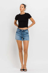 Stay Ready Middle Washed Blue High Rise Raw Hem Denim Shorts, VERVET by Flying Monkey, $ 65.95