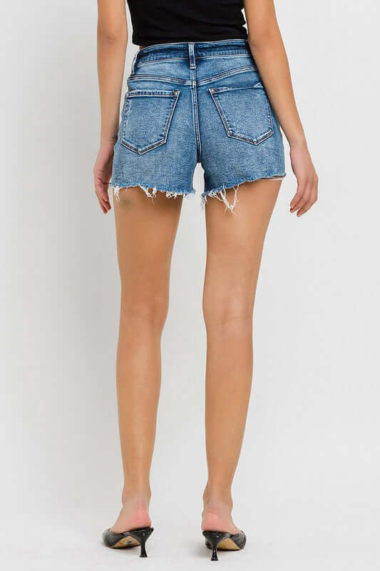 Stay Ready Middle Washed Blue High Rise Raw Hem Denim Shorts, VERVET by Flying Monkey, $ 65.95