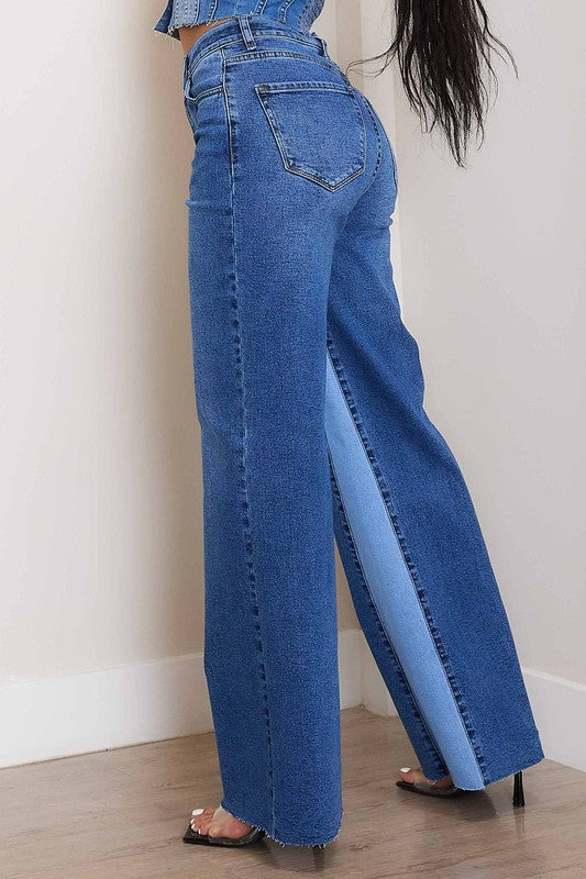 Shop Women's Medium Stone Wash High-Rise Color Block Wide Jeans , Jeans, USA Boutique