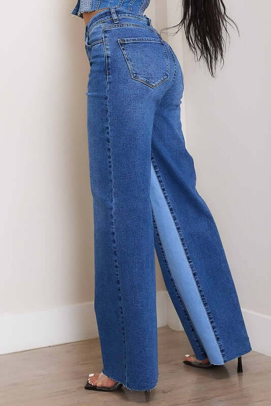 Medium Stone Wash High-Rise Color Block Wide Jeans, Vibrant M.i.U, $ 66.95