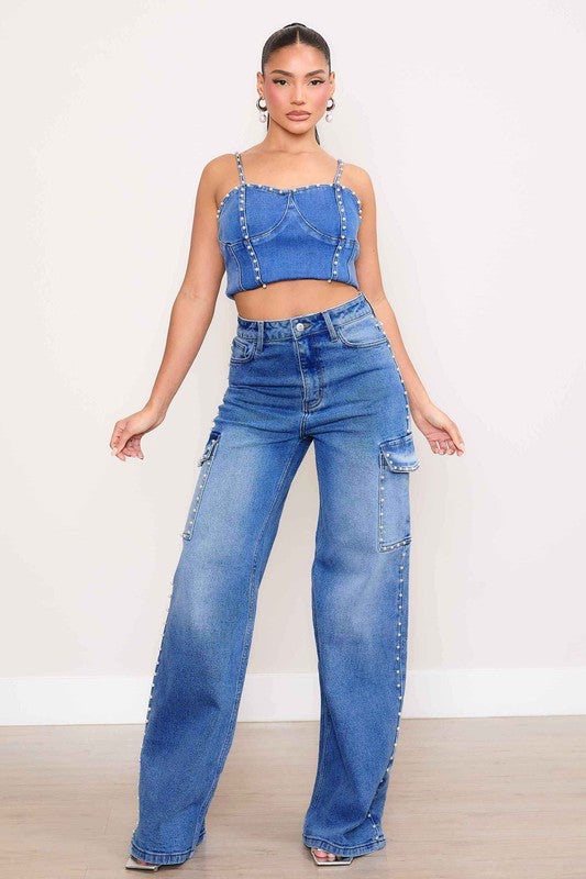 Shop Pearl Medium High-Rise Wide Leg Cargo Jeans | USA Women's Clothing, Jeans, USA Boutique
