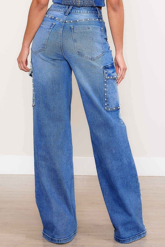 Shop Pearl Medium High-Rise Wide Leg Cargo Jeans | USA Women's Clothing, Jeans, USA Boutique