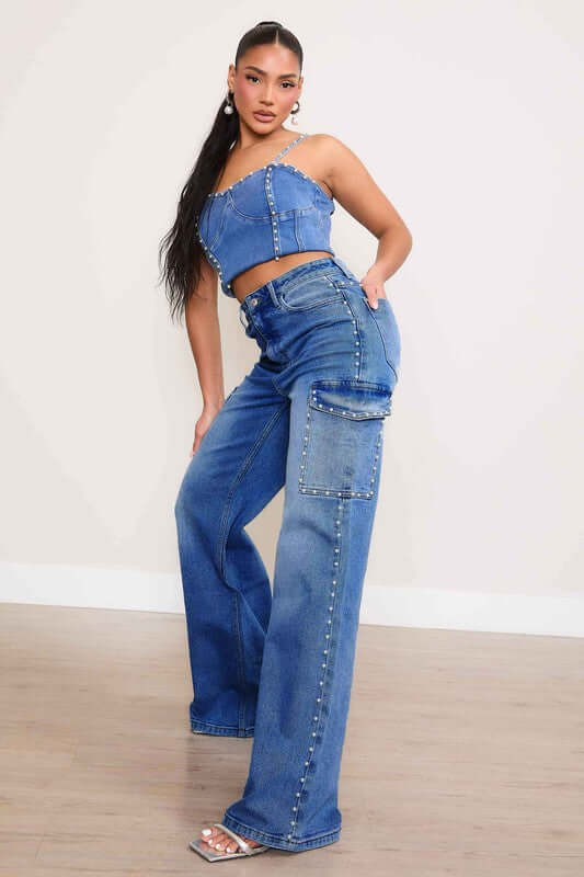 Shop Pearl Medium High-Rise Wide Leg Cargo Jeans | USA Women's Clothing, Jeans, USA Boutique