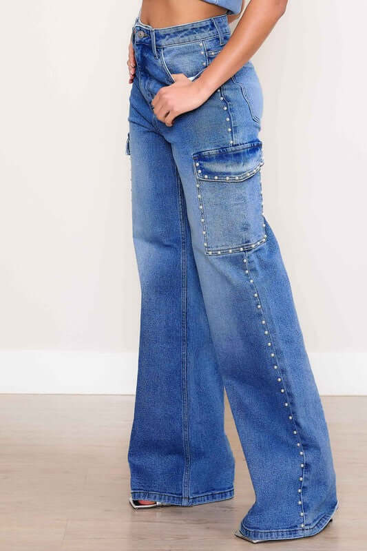 Shop Pearl Medium High-Rise Wide Leg Cargo Jeans | USA Women's Clothing, Jeans, USA Boutique