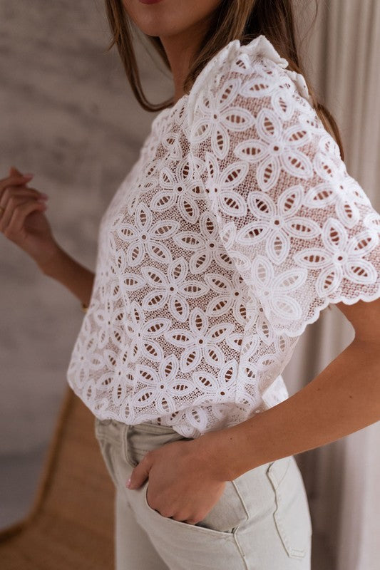 Shop Women's White Crochet lace flower embroidered Hallowed Blouse, Blouses, USA Boutique