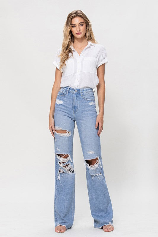 90s Vintage Light Denim Distressed Flare Jeans