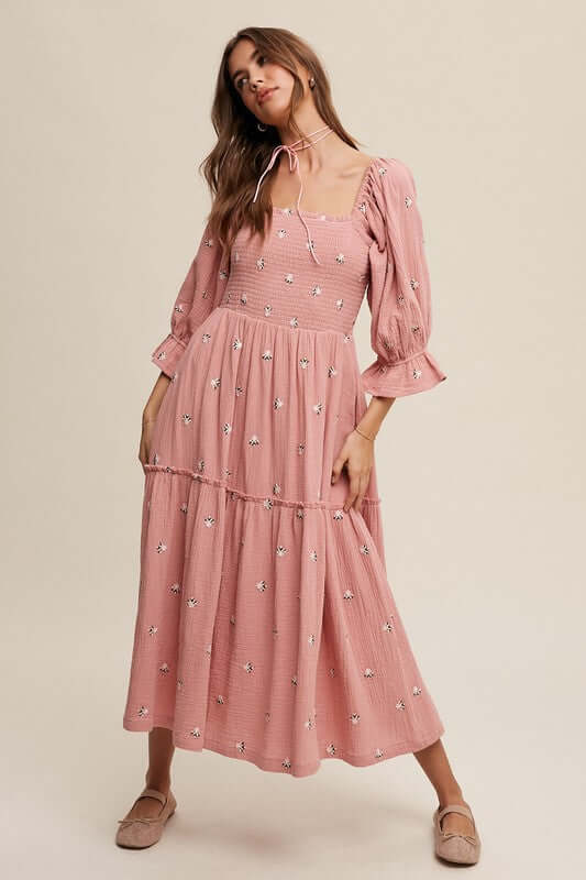 Ditzy Floral Embroidery Puff Sleeve Maxi Dress, Listicle, A Moment Of Now