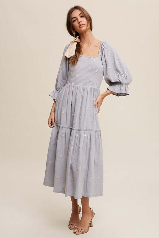 Ditzy Floral Embroidery Puff Sleeve Maxi Dress, Listicle, A Moment Of Now