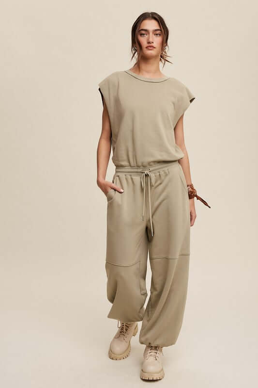 Athleisure French Terry Loose Jogger Jumpsuit, Listicle, A Moment Of Now