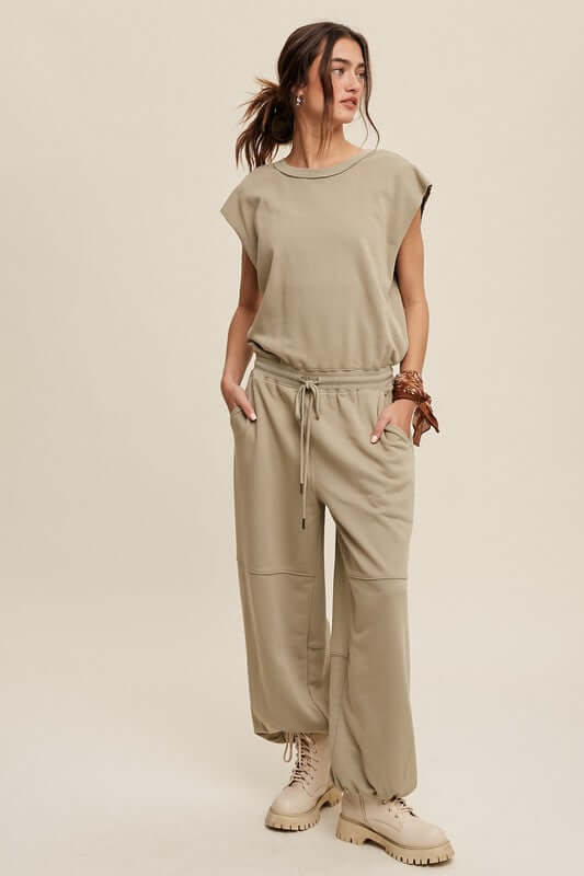 Athleisure French Terry Loose Jogger Jumpsuit, Listicle, A Moment Of Now