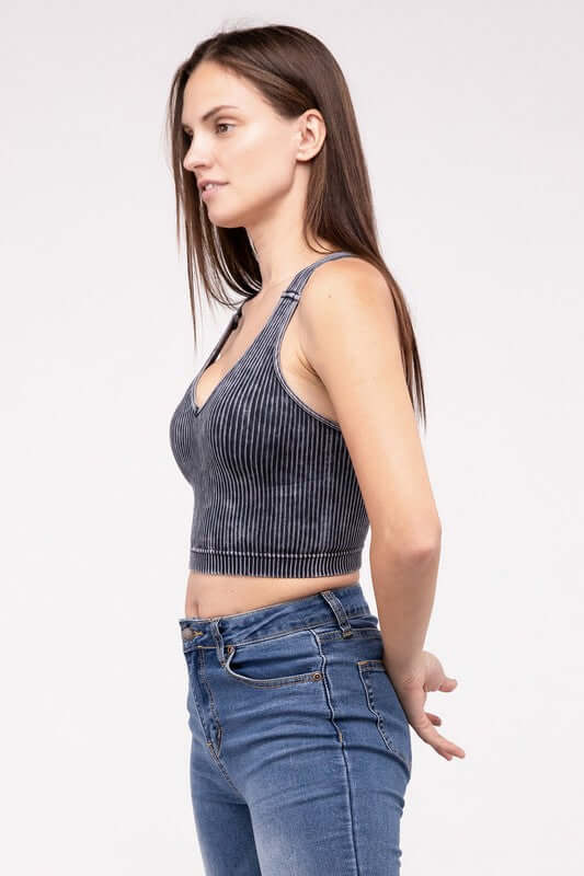 Washed Ribbed Cropped V-Neck Tank Top, ZENANA, $ 25.95