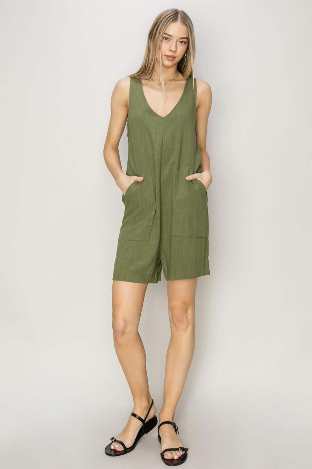 Moss Green V-Neck Sleeveless Romper with Pockets, Rompers, $ 35.00, A Moment Of Now™