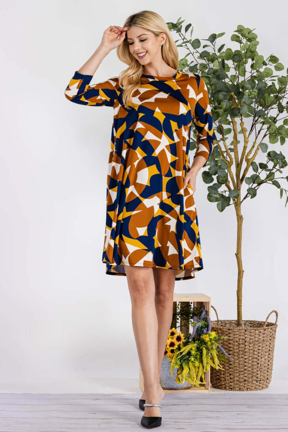 Brown Blue GeometricLong Sleeve Dress with Pockets, Celeste, $ 45.00