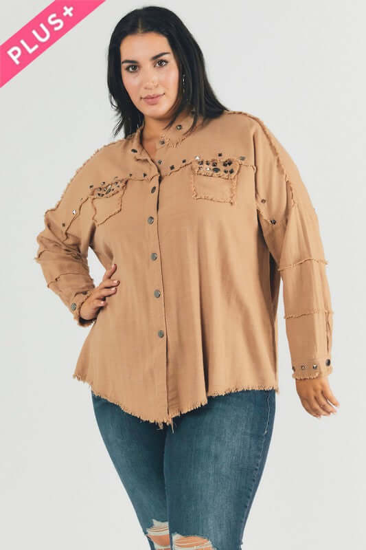 Plus Distressed hem button down oversize shirt, Davi & Dani, $ 69.00