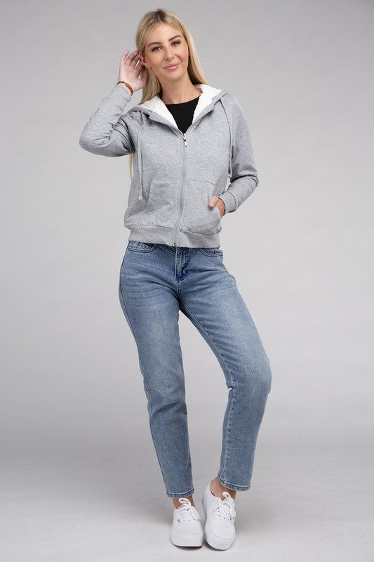 Fuzzy Trim Zip-Up Crop Hoodie Jacket