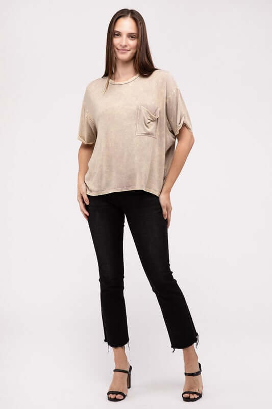 Washed Ribbed Cuffed Short Sleeve Round Neck Top, ZENANA, $ 32.95