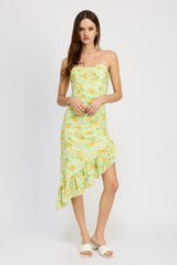 Floral Print Asymmetric Ruffle Midi Dress
