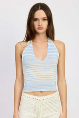 Glitter Yarn Stripped Halter Top with Back Tie