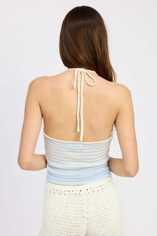 Glitter Yarn Stripped Halter Top with Back Tie