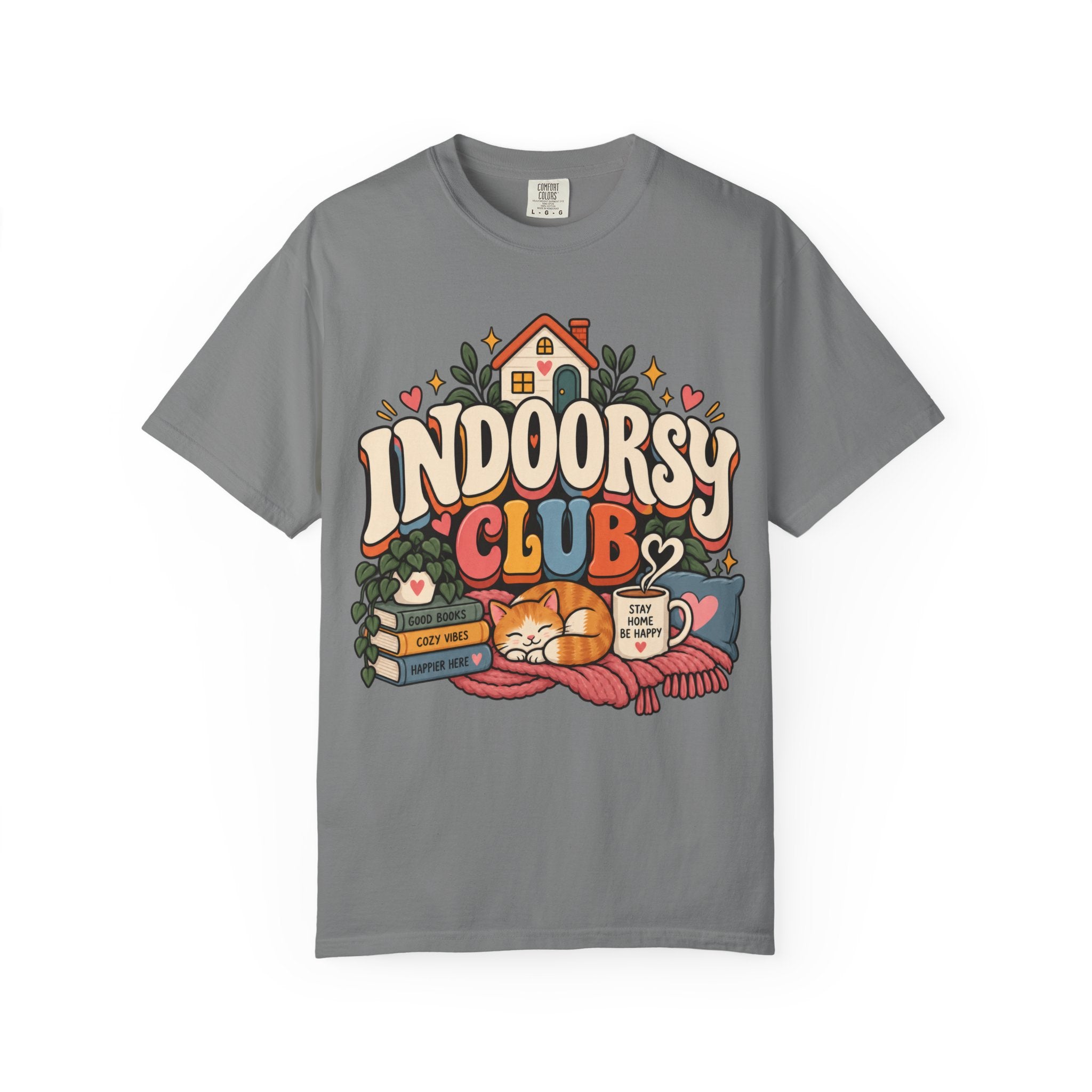 Indoorsy Club T-Shirt — Cozy Homebody Graphic Tee (Cat, Books, Tea) - t-shirt product image 4