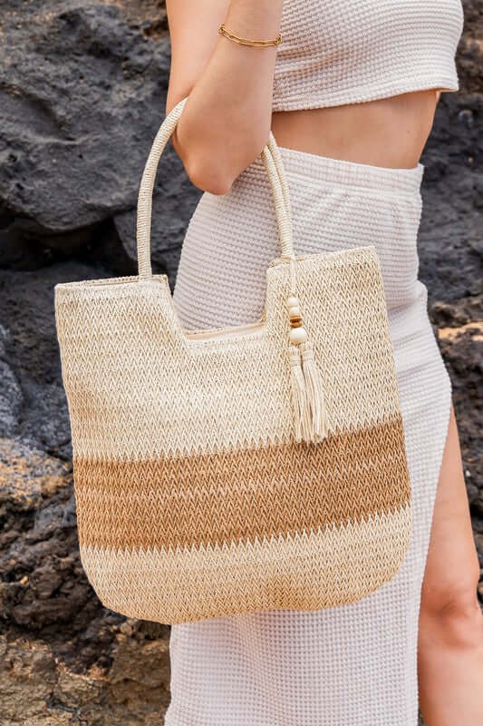 Valeria Two-Tone Straw Tote Shoulder Bag