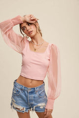 Square Neck Mesh Puff Sleeve Knit Top