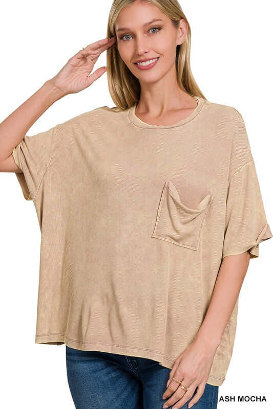 Washed Ribbed Cuffed Short Sleeve Round Neck Top, ZENANA, $ 32.95