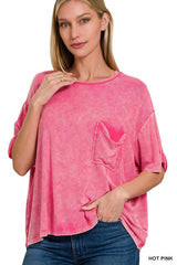 Washed Ribbed Cuffed Short Sleeve Round Neck Top, ZENANA, $ 32.95