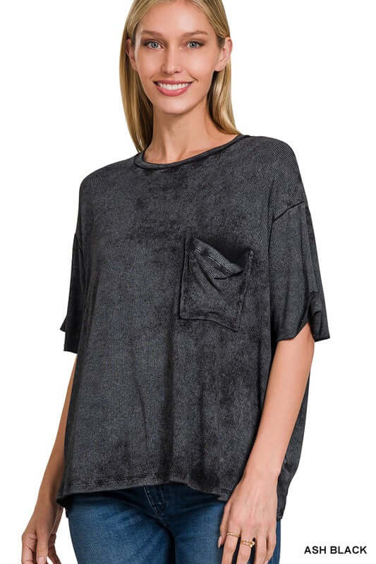 Washed Ribbed Cuffed Short Sleeve Round Neck Top, ZENANA, $ 32.95