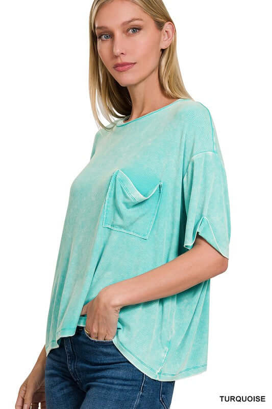 Washed Ribbed Cuffed Short Sleeve Round Neck Top, ZENANA, $ 32.95