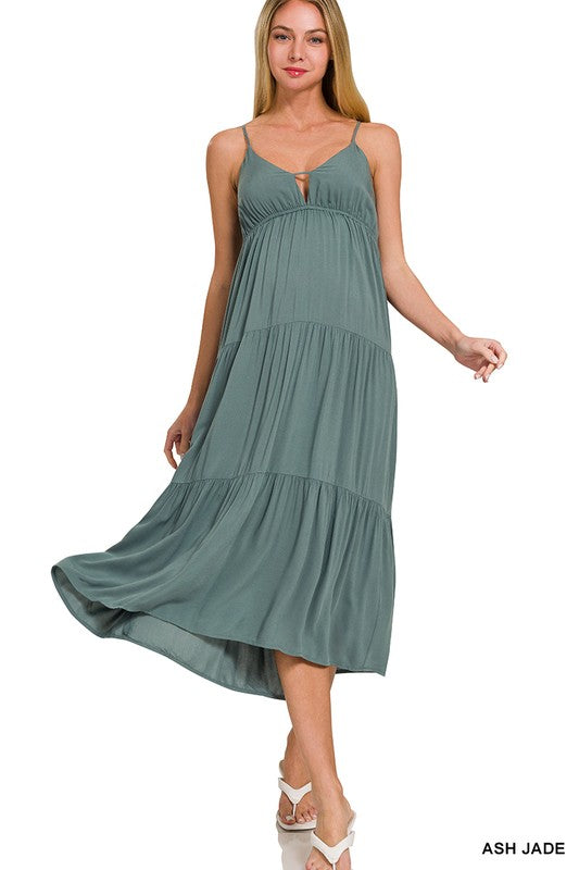 Shop Women's Woven Sweetheart Neckline Tiered Cami Summer Midi Dress, Dresses, USA Boutique