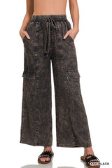 Shop Washed Linen Elastic Band Waist Cargo Pants, , USA Boutique