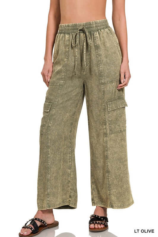 Washed Linen Elastic Band Waist Cargo Pants, ZENANA, $ 46.95