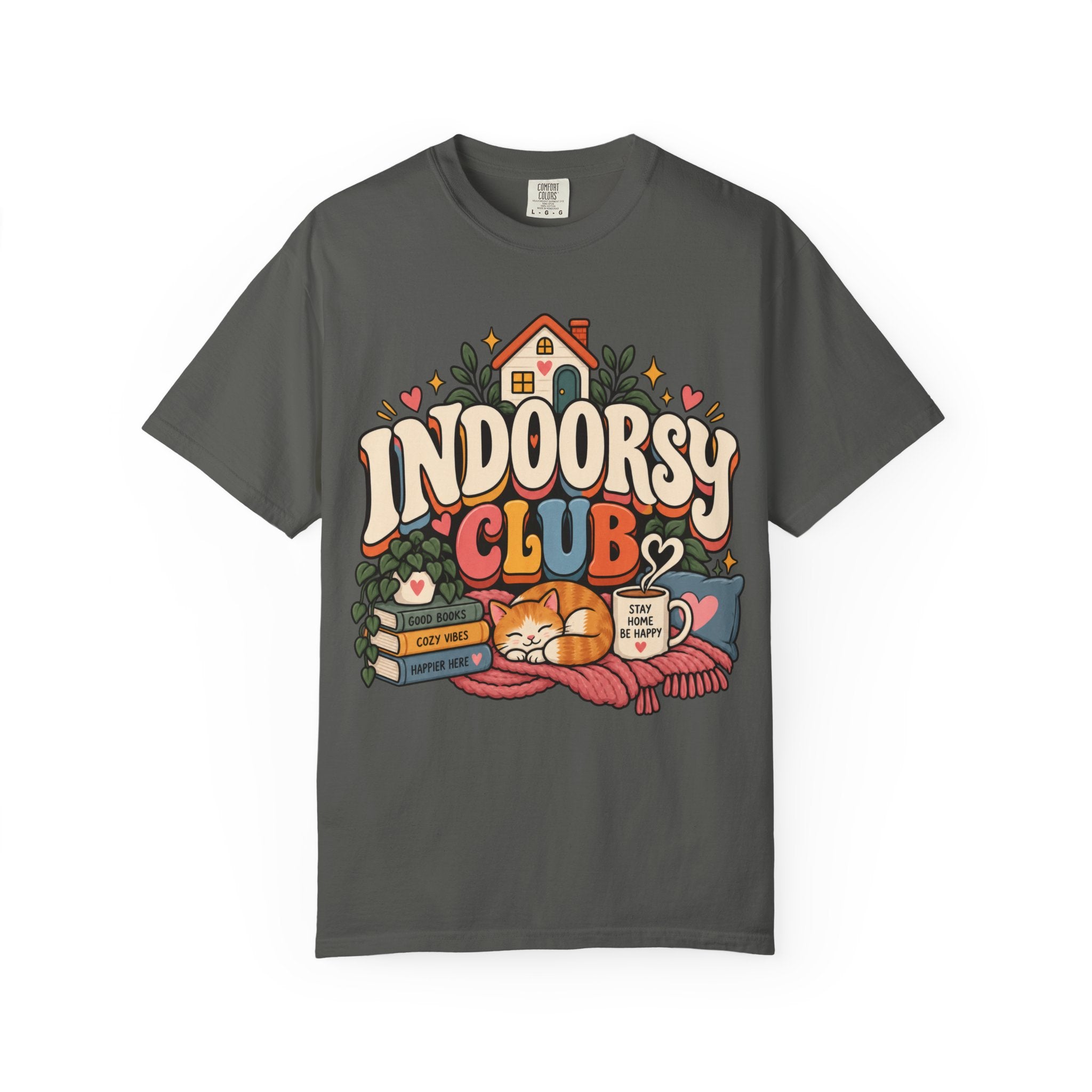 Indoorsy Club T-Shirt — Cozy Homebody Graphic Tee (Cat, Books, Tea) - t-shirt product image 3