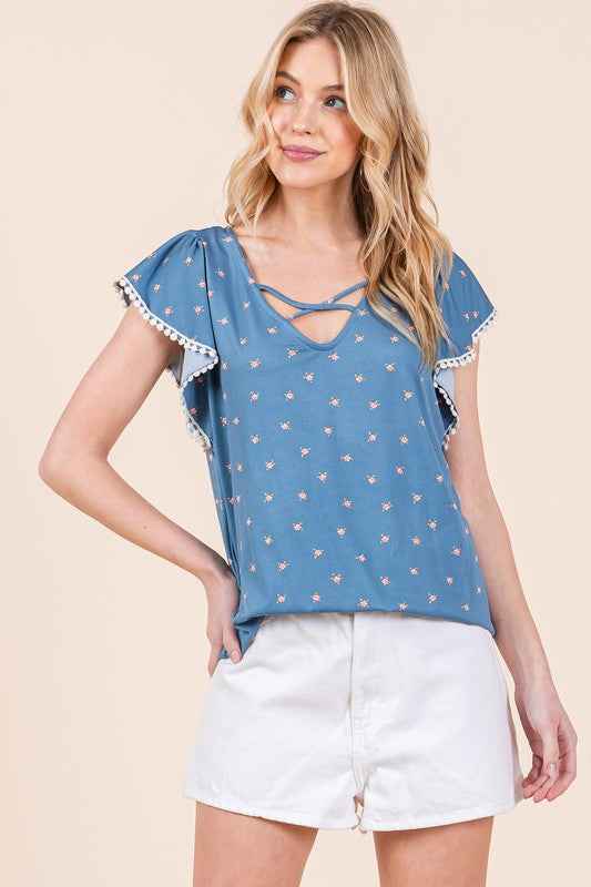 Shop Women's Denim Pom Pom Lace Detailed V Neck Top | USA Boutique Online, Activewear Tops, USA Boutique