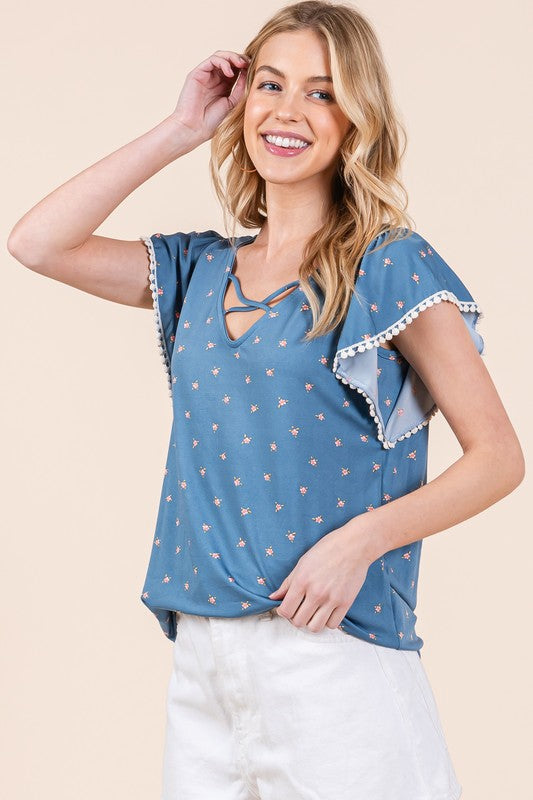 Shop Women's Denim Pom Pom Lace Detailed V Neck Top | USA Boutique Online, Activewear Tops, USA Boutique